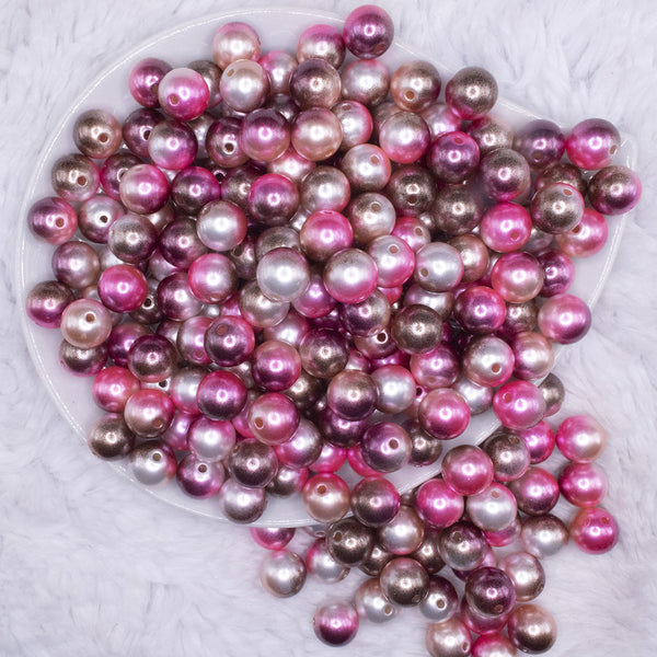 top view of a pile of 12mm Pink and Brown Ombre Shimmer Faux Pearl Bubblegum Beads