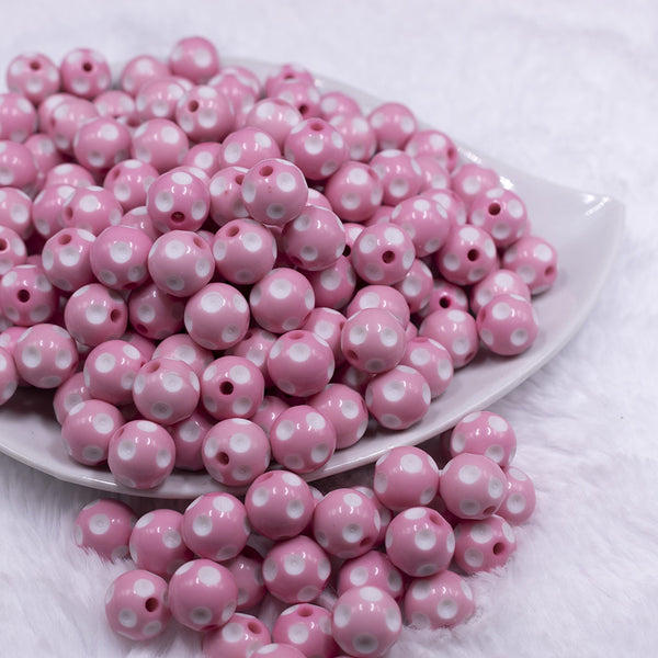 Front view of a pile of 12mm Pink with White Polka Dot Acrylic Chunky Bubblegum Beads