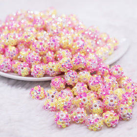 12mm Pink and Yellow Confetti Rhinestone AB Bubblegum Beads -10 & 20 Count