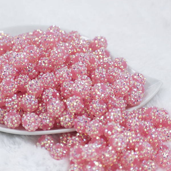 Front view of a pile of 12mm Jelly Pink Rhinestone AB Bubblegum Beads [10 & 20 Count]