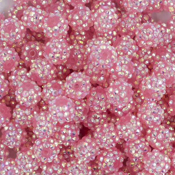 Close up view of a pile of 12mm Jelly Pink Rhinestone AB Bubblegum Beads [10 & 20 Count]