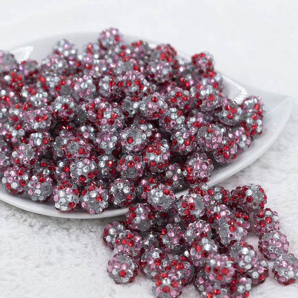 Front view of a pile of 12mm Red, Pink & Silver Confetti Rhinestone AB Bubblegum Beads [10 & 20 Count]