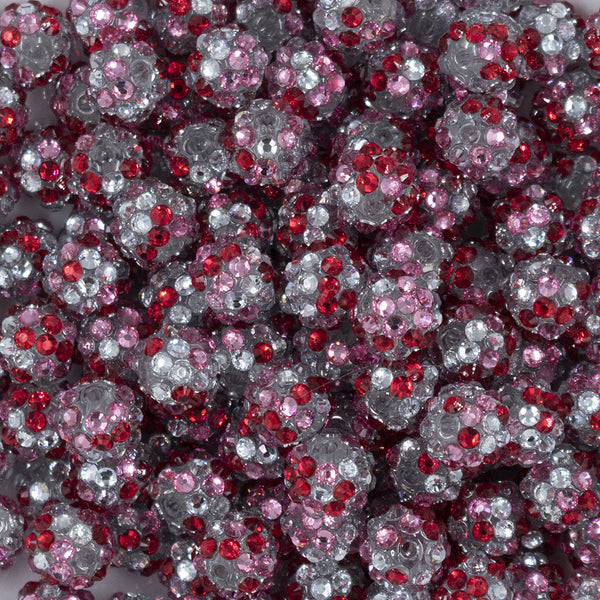 Close up view of a pile of 12mm Red, Pink & Silver Confetti Rhinestone AB Bubblegum Beads [10 & 20 Count]