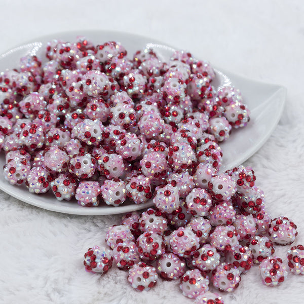 Front view of a pile of 12mm Red & Pink Confetti Rhinestone AB Bubblegum Beads [10 & 20 Count]