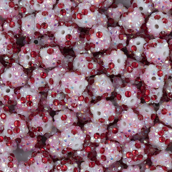 Close up view of a pile of 12mm Red & Pink Confetti Rhinestone AB Bubblegum Beads [10 & 20 Count]