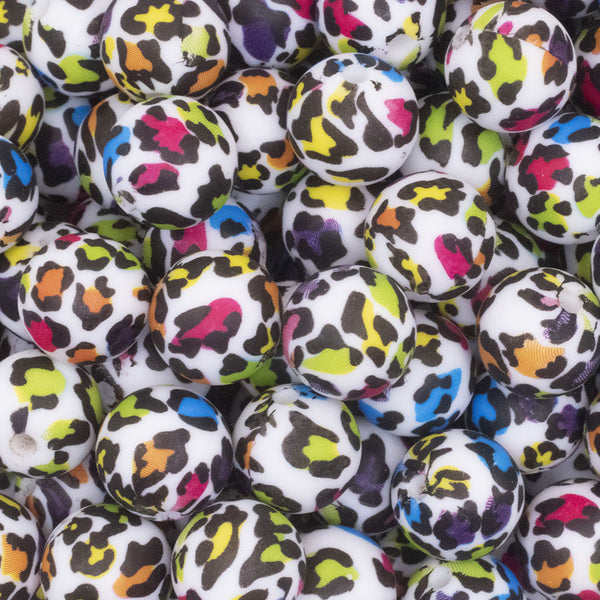 top view of a pile of 12mm Rainbow Leopard Print Round Silicone Bead