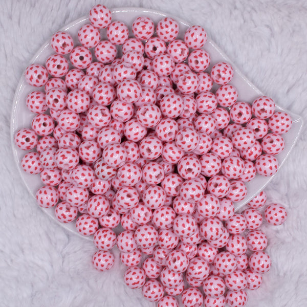 top view of a pile of 12mm Red Hearts on White Chunky Acrylic Bubblegum Beads - 20 Count