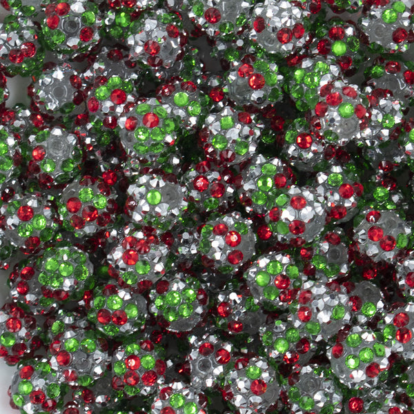 Close up view of a pile of 12mm Red, Green & Silver Confetti Rhinestone AB Bubblegum Beads - Choose Count