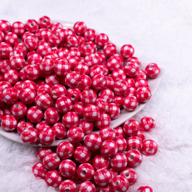 12mm Red & White Picnic Plaid Print Chunky Acrylic Bubblegum Beads - 20 Count