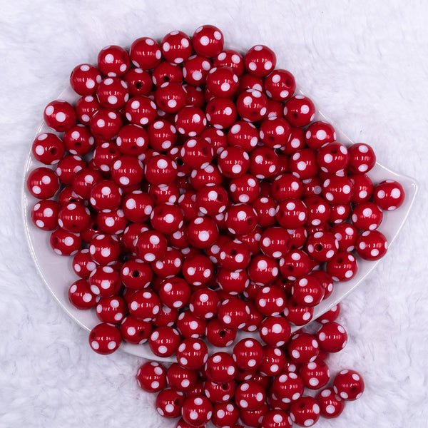Top view of a pile of 12mm Red with White Polka Dot Acrylic Chunky Bubblegum Beads