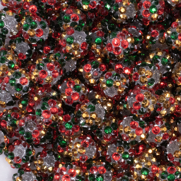 close up view of a pile of 12mm Red, Green & Gold Confetti Rhinestone AB Bubblegum Beads - Choose Count