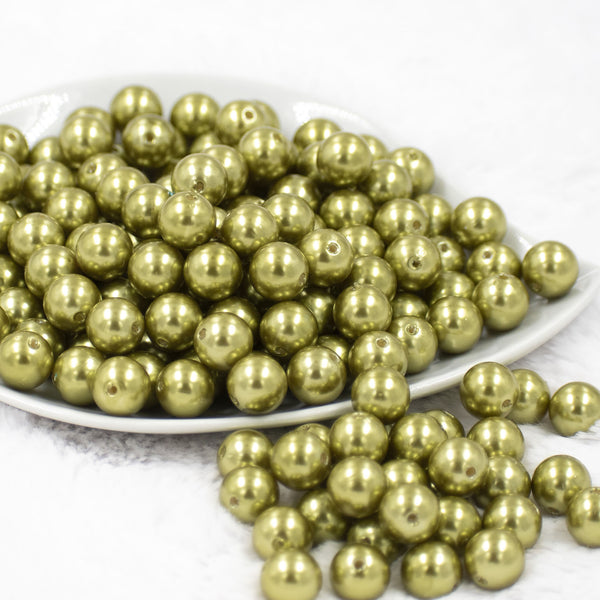 front view of a pile of 12mm Avocado Green Faux Pearl Acrylic Bubblegum Beads [20 Count]