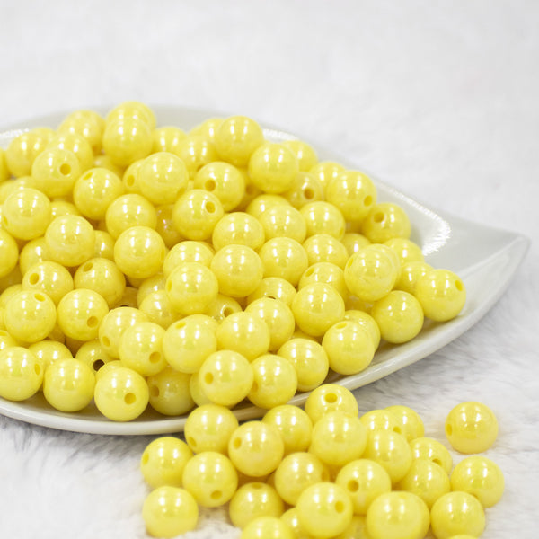 Front view of a pile of 12mm Yellow AB Solid Acrylic Bubblegum Beads [20 & 50 Count]