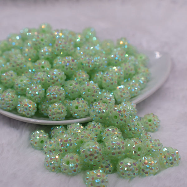 Front view of a pile of 12mm Spearmint Green Rhinestone Bubblegum Beads [10 & 20 Count]
