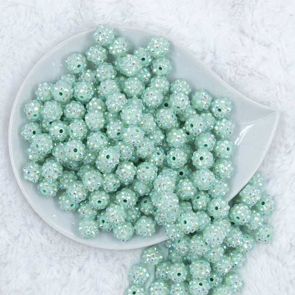 Top view of a pile of 12mm Aqua Marine Rhinestone AB Bubblegum Beads [10 & 20 Count]