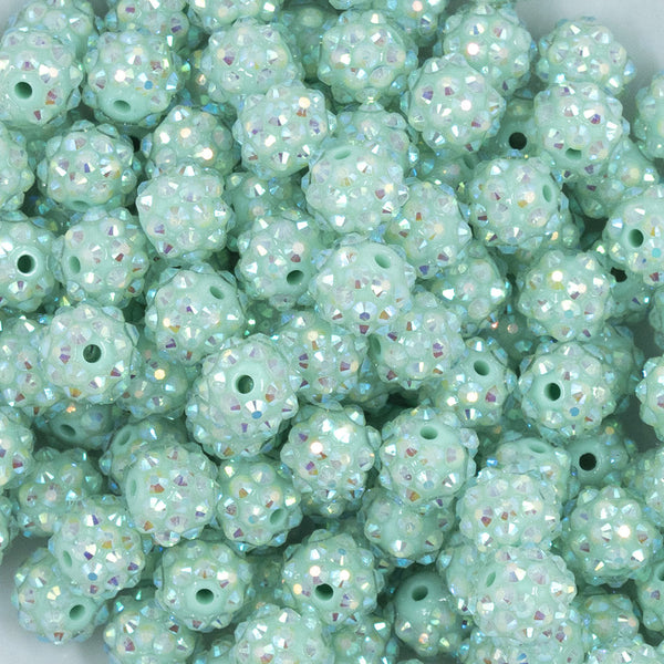 Close up view of a pile of 12mm Aqua Marine Rhinestone AB Bubblegum Beads [10 & 20 Count]