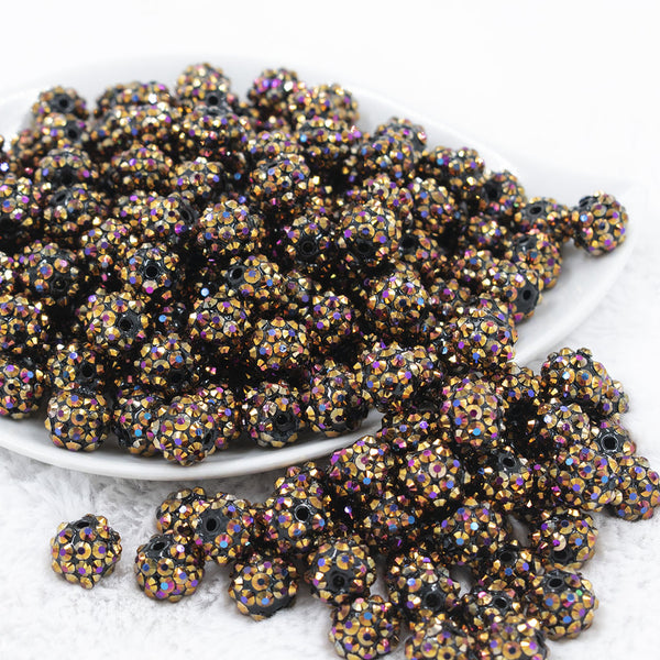 Front view of a pile of 12mm Golden Black Coffee Rhinestone AB Bubblegum Beads [10 & 20 Count]