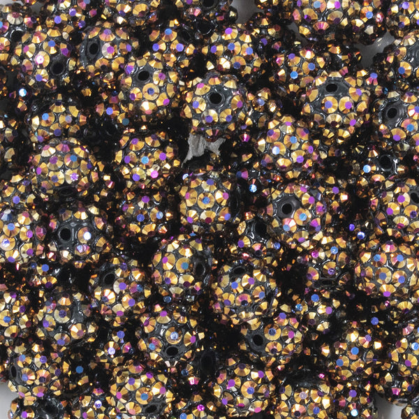 Close up view of a pile of 12mm Golden Black Coffee Rhinestone AB Bubblegum Beads [10 & 20 Count]