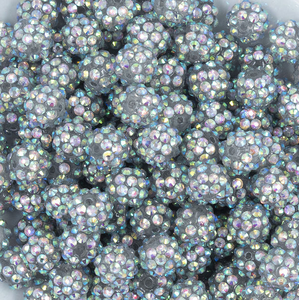 Close up view of a pile of 12mm Clear Hologram Shimmer Rhinestone AB Bubblegum Beads [10 & 20 Count]