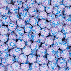 15mm Blue and Pink Filagree Print Round Silicone Bead