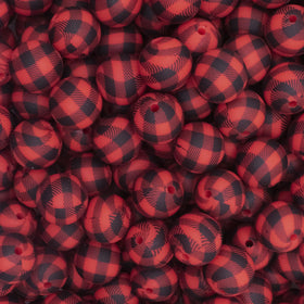 15mm Red and Black Plaid Print Round Silicone Bead