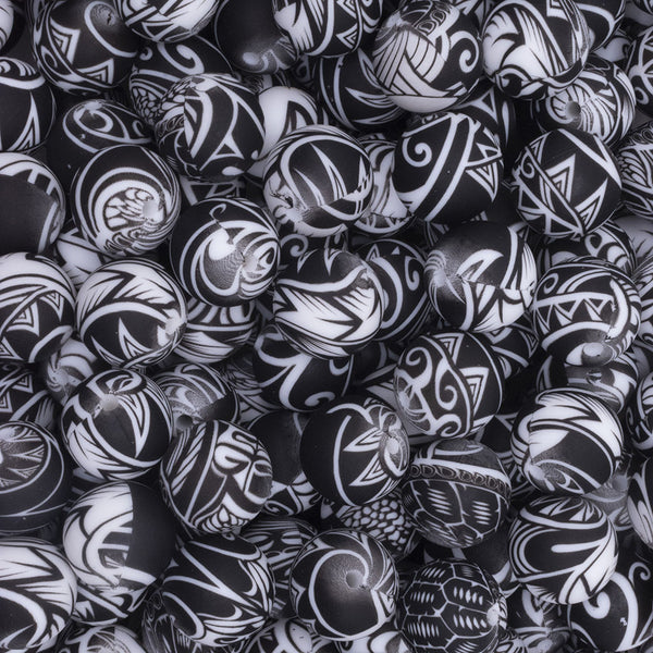 close up view of a pile of 15mm Black Abstract Print Round Silicone Bead