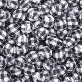 15mm Black and White Plaid Print Round Silicone Bead