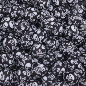 15mm Black Skull Print Round Silicone Bead