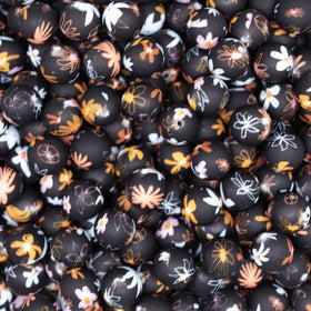 15mm Floral flower print on Black Round Silicone Bead