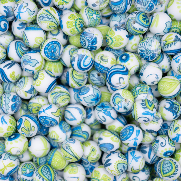 15mm Blue and Green Paisley Print Round Silicone Bead