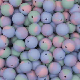 15mm Blue, Pink and Green Tie Dyed Print Round Silicone Bead