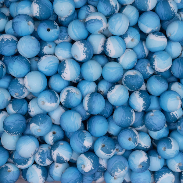 close up view of a pile of 15mm Blue Oceans Round Silicone Bead