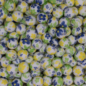15mm Blue & Green Floral Print Round Silicone Bead