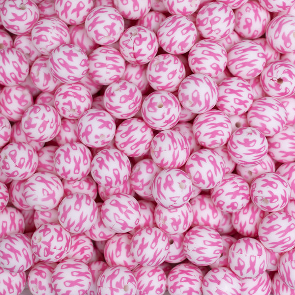 top view of a pile of 15mm Breast Cancer Awareness Ribbon Round Silicone Bead