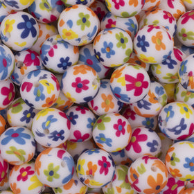 15mm Bright Flowers Print Round Silicone Bead