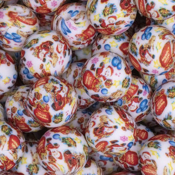 close up view of a pile of 15mm Christmas Print Round Silicone Bead