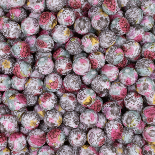 close up view of a pile of 15mm Floral Print Round Silicone Bead