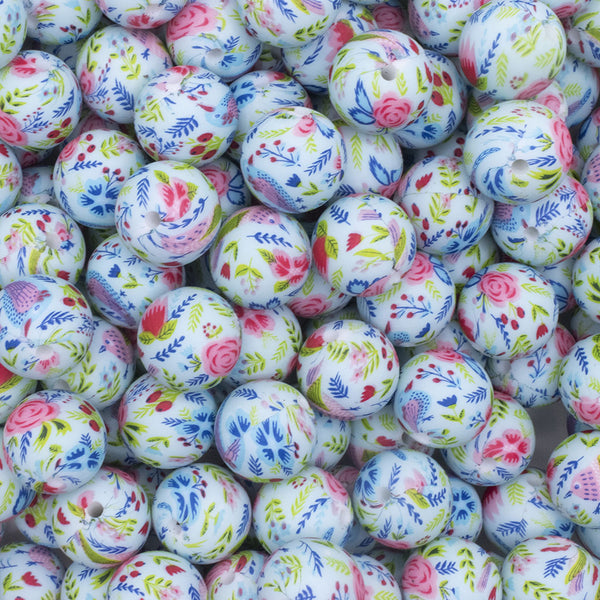 close up view of a pile of 15mm Spring Floral Round Silicone Bead