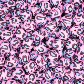 15mm Pink and Blue Leopard Print Silicone Bead