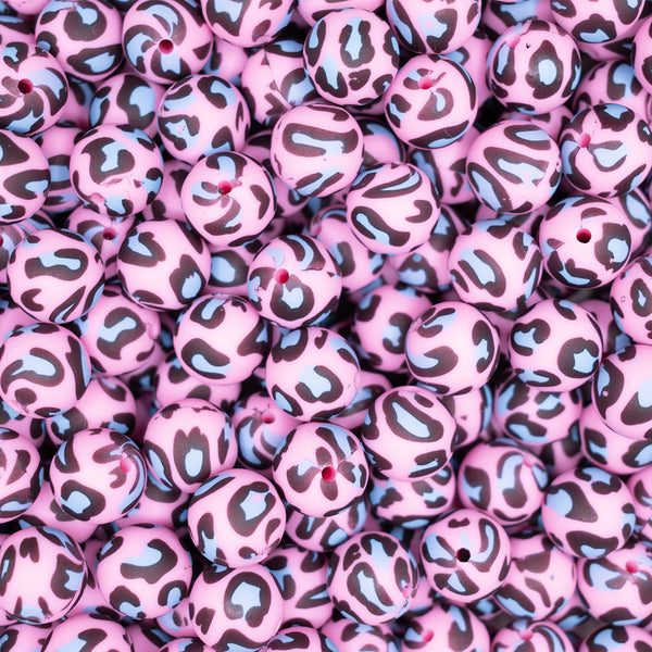 top view of a pile of 15mm Pink and Blue Leopard Print Silicone Bead