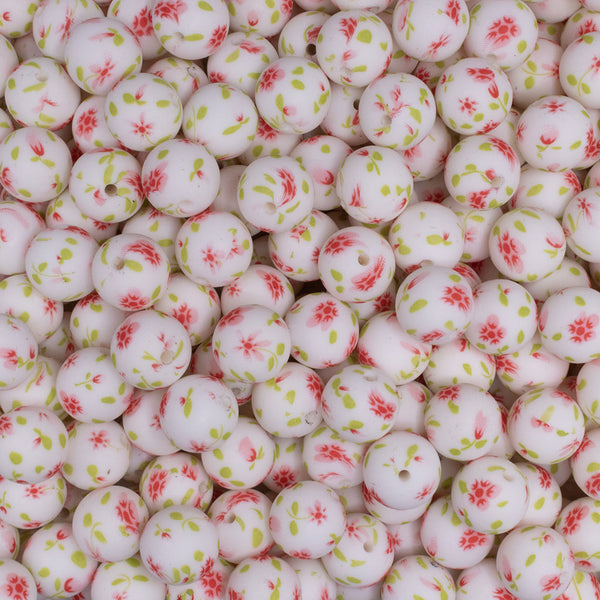 top view of a pile of 15mm Floral Elegance Print Round Silicone Bead