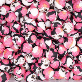15mm Pink Flower with Skull print Silicone Bead