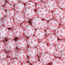 15mm Pink Cow Print Round Silicone Bead