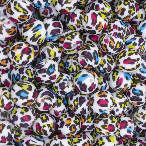close up view of a pile of 15mm Rainbow Leopard Print Round Silicone Bead