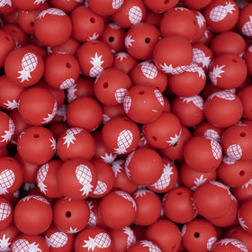 15mm Pineapple Print on Red Round Silicone Bead