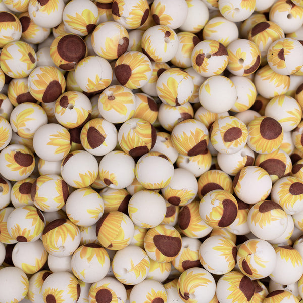 top view of a pile of 15mm Sunflower Print Round Silicone Bead