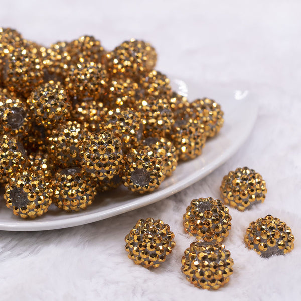 Front view of a pile of 16mm Gold Rhinestone AB Chunky Bubblegum Jewelry Beads
