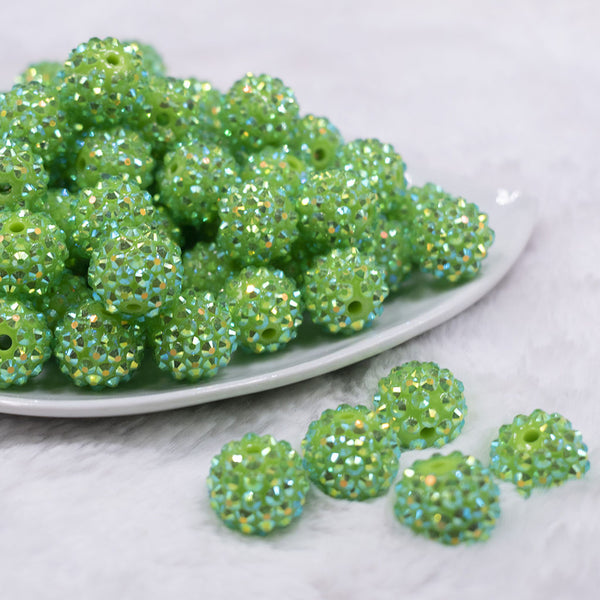 Front view of a pile of 16mm Green Luster Rhinestone AB Chunky Bubblegum Jewelry Beads