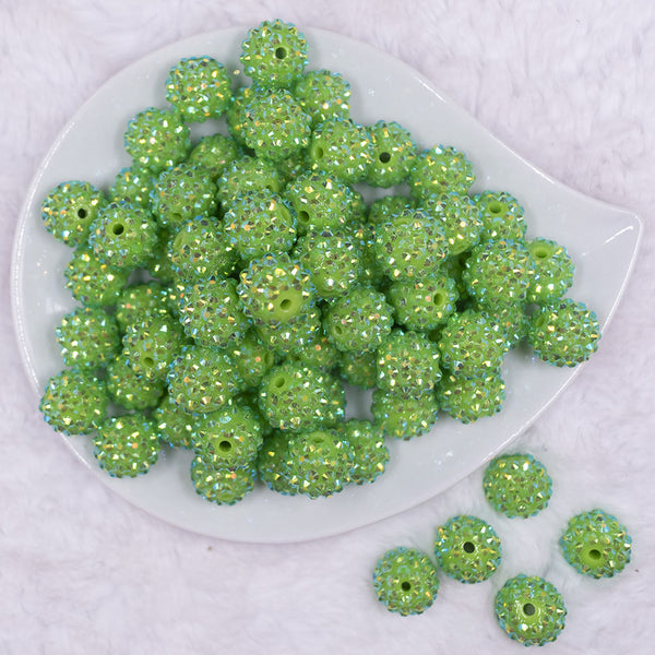 Top view of a pile of 16mm Green Luster Rhinestone AB Chunky Bubblegum Jewelry Beads