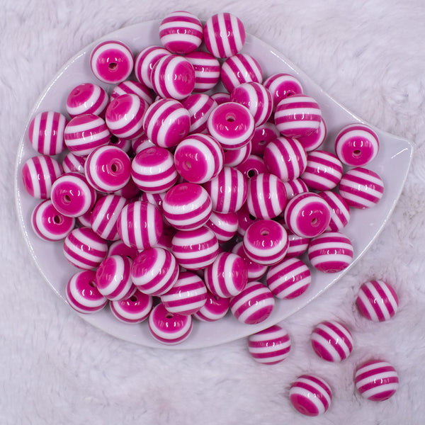 16mm Hot Pink with White Stripe Bubblegum Beads